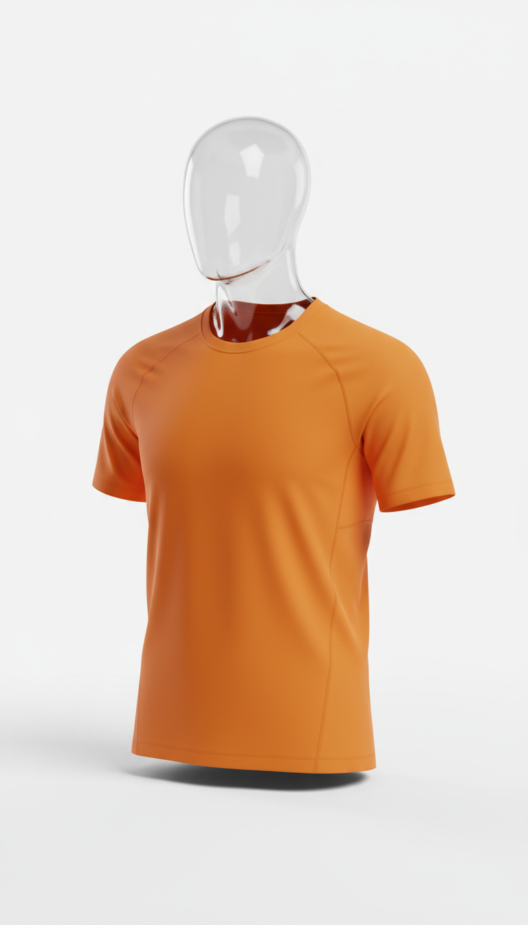 Technischer Crewneck in Brake Orange von wideopenthrottle.at, detailreiche Nahaufnahme des Oberteils.