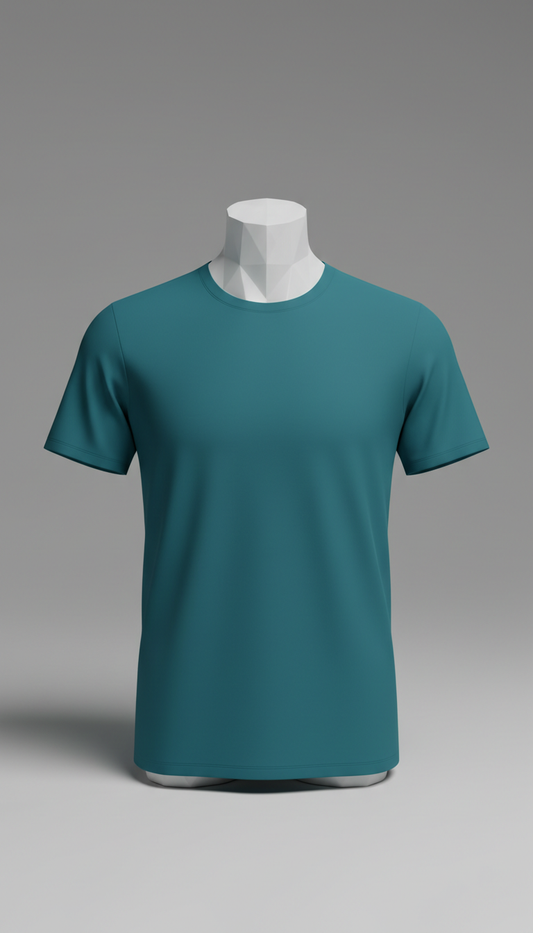 Minimalistisches T-Shirt in Throttle Cyan von wideopenthrottle.at, flacher Schnitt und weiches Material, Nahaufnahme des Stoffes